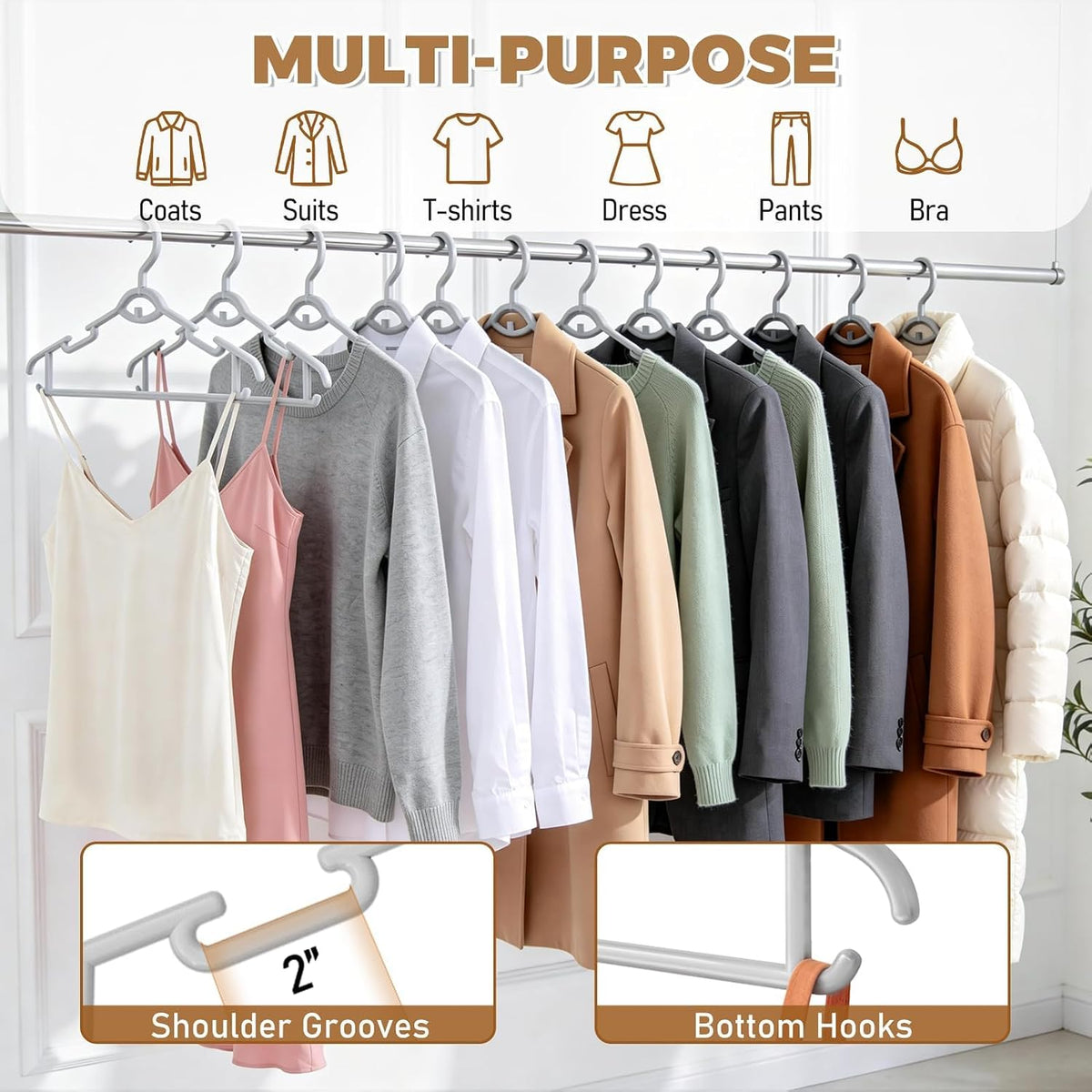 Heavy Duty Plastic Hangers 50 Pack, Stackable Space Saving, Grey