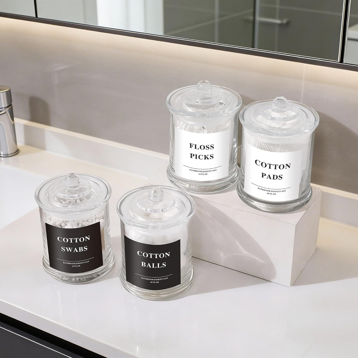 LEORAY 4 Pack Glass Qtip Holder Dispenser with Lids, Airtight Waterproof Apothecary Jars, 16 Oz Vanity Organizer Bathroom Canisters for Cotton Swabs, Balls, Pads, Floss Picks, Transparent