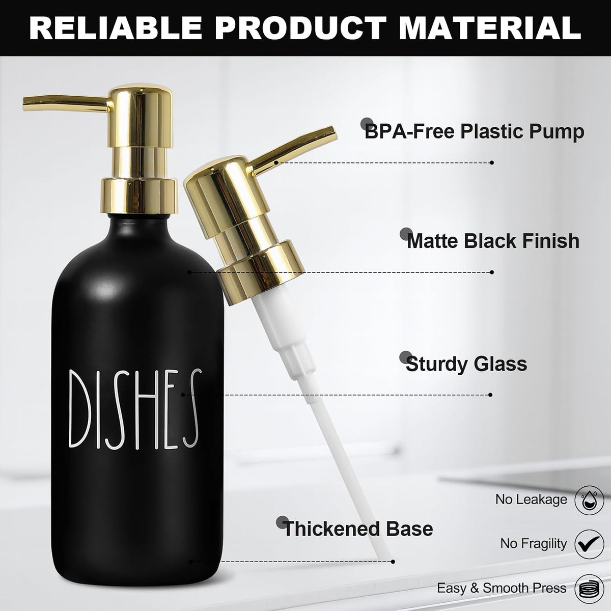Hand and Dish Soap Dispenser Set, Kitchen Soap Dispenser Set with Sponge Holder, Black Glass Dish Soap Dispenser for Kitchen with Gold Pump, Instant Dry Tray, 17 fl oz Farmhouse Kitchen Decor