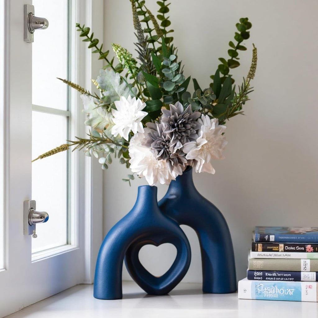 Liotww Ceramic Flower Vase Navy Blue Heart Shaped Home Decor Vase
