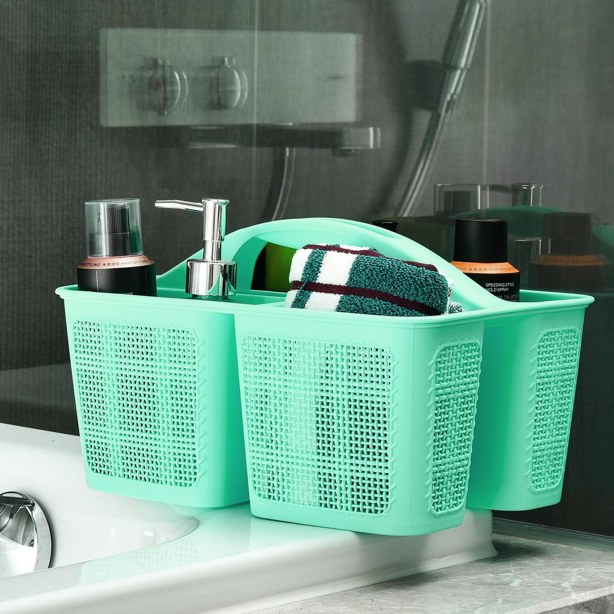 NINU Plastic Cyan Shower Caddy Basket, Divided Cleaning Portable Shower Basket with Handle Compartments Storage Organizer for Bathroom, College, Kitchen, Dorm Room Essentials