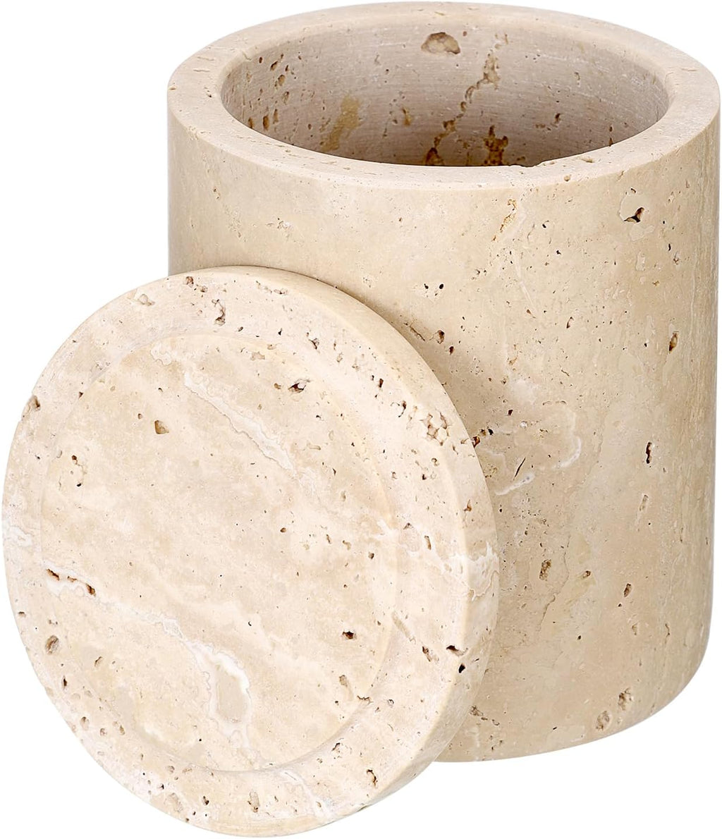 Travertine Qtip Holder with Lid Natural Bathroom Canister Storage