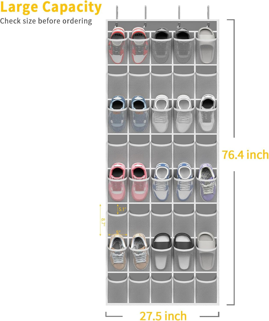 SAVERHO 40 Large Pockets Over the Door Shoe Organizer,Space-Saving Mesh Hanging Shoe Rack for Door Shoe Holder Large Size 76.4" x 27.5" Ideal for Closet & Door Storage (Grey)