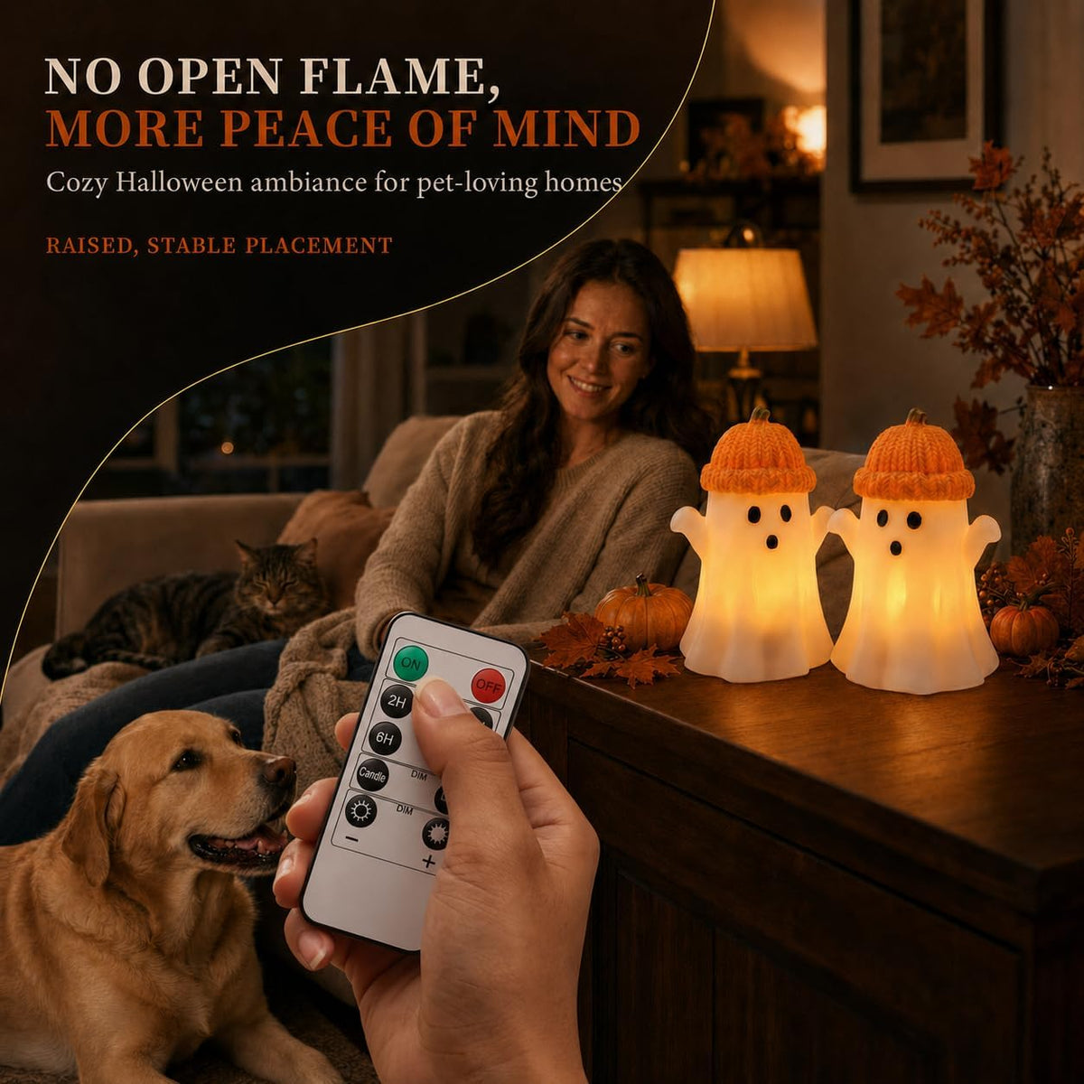 Enido Ghost with Pumpkin Hat Flameless Candles with Remote, Set of 2 Cute Real Wax LED Halloween Candles, Battery Operated Tea Lights, 2/4/6/8H Timer for Kids Room, Fall Tiered Tray Decor