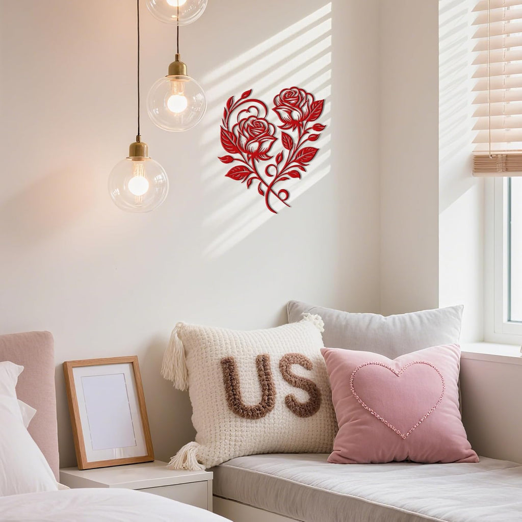 Heart Wall Decor with Metal Roses, Red Metal Flowers,12.6x11 Inch
