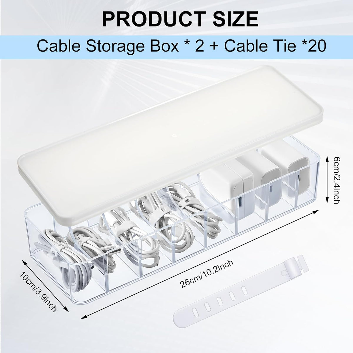 Tatuo Cord Organizer Box with Lid, Clear, White, 2 Pack