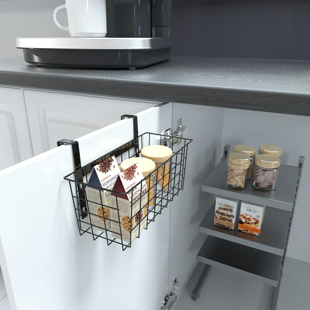 MaraFansie Basket with Hook, Grid Storage Basket, Over the Cabinet Door Organizer, Wire Hanging Basket with Hook Over the Railing, Under Sink Kitchen Cabinet, Pantry, Bathroom, Black, 4 Pack