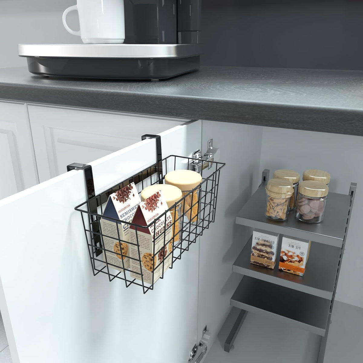 MaraFansie Basket with Hook, Grid Storage Basket, Over the Cabinet Door Organizer, Wire Hanging Basket with Hook Over the Railing, Under Sink Kitchen Cabinet, Pantry, Bathroom, Black, 2 Pack