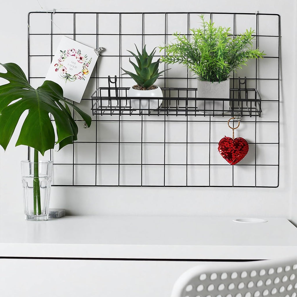 4 Pcs Black Metal Grid Wall Baskets with Hooks, Hanging Wire Storage Organizer Shelf for Kitchen Bathroom Office, 15.75 x 3.94 x 1.97 Inch