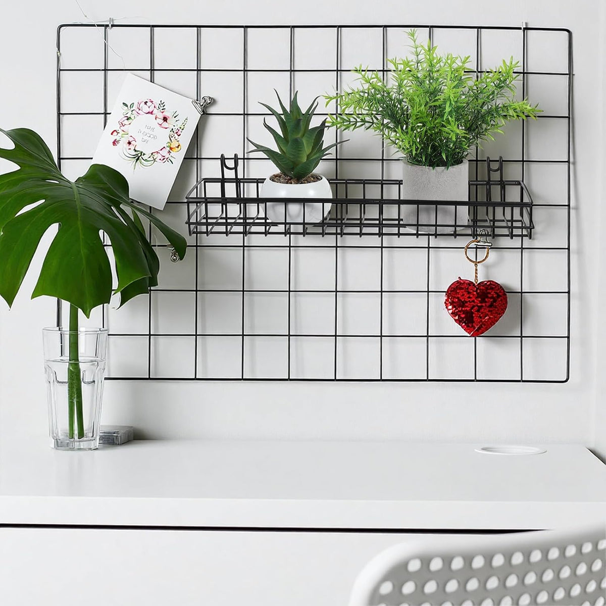 4 Pcs Black Metal Grid Wall Baskets with Hooks, Hanging Wire Storage Organizer Shelf for Kitchen Bathroom Office, 15.75 x 3.94 x 1.97 Inch