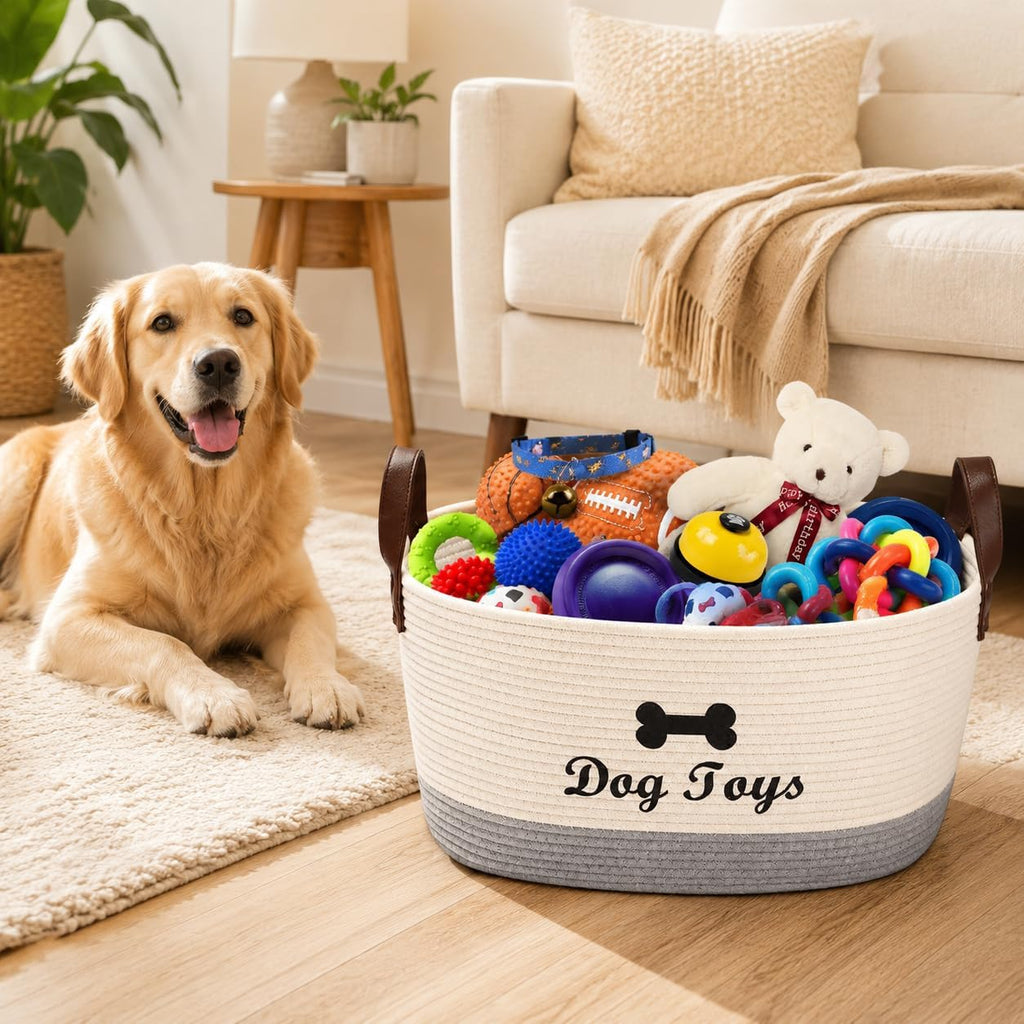 Large Dog Toy Basket, 100% Cotton Rope Dog Toy Storage Bin-Beige