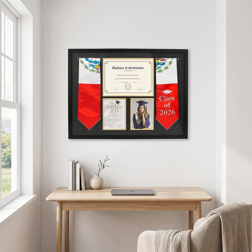 Graduation Shadow Box Frame 26x20 Inch, Display Regalia Stole & Certificate & Photos, Wall Mountable Keepsake Case with Tempered Glass, 8.5x11 for Diploma, 5x7 for Pictures, Black MDF
