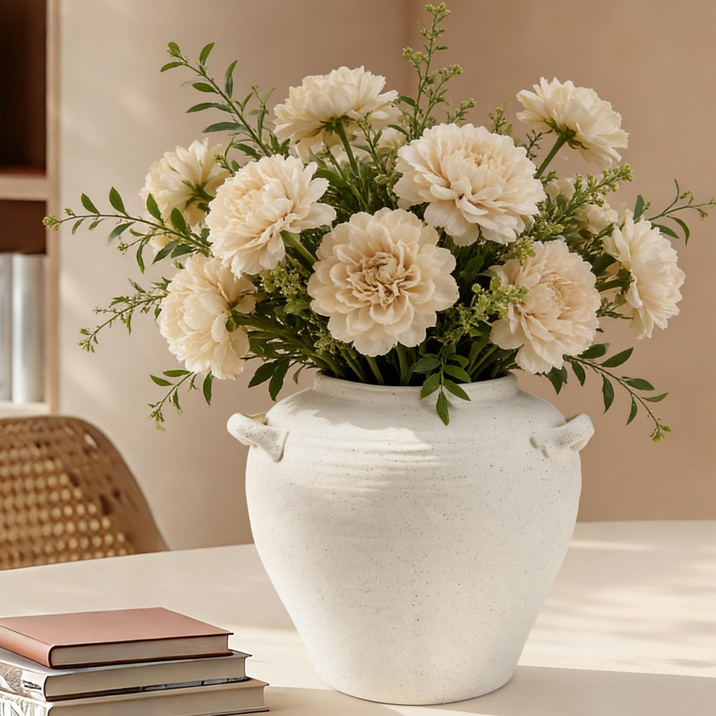 Large White Ceramic Vase 7 inch Rustic Farmhouse Vase with Handles for Home Decor Vintage Decorative Vases for Bookshelf, Table, Mantle Fireplace, Living Room, Bathroom, Wedding