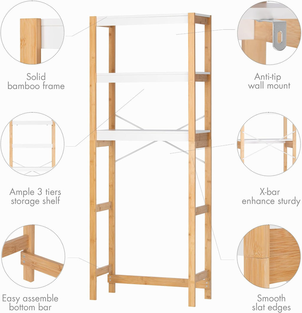 UTEX 3-Tier Over the Toilet Storage Shelf with Bamboo Frame, White