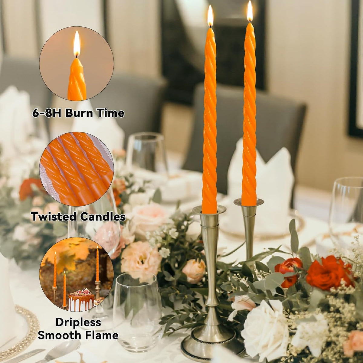 12 Pack 10 x 0.87 Inch Orange Twisted Taper Candles,