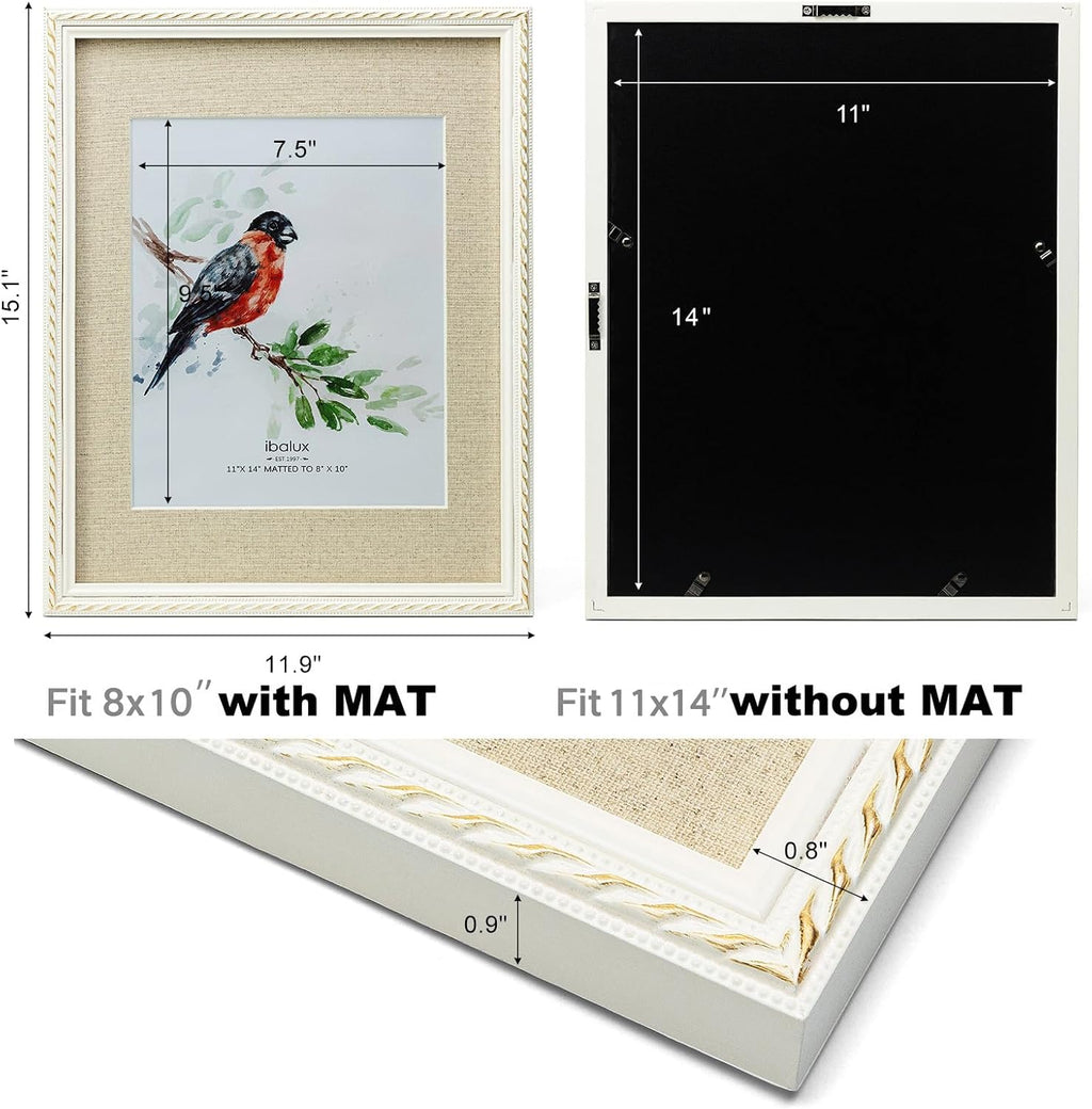 11x14 Picture Frame Pine Wood with Real Glass, Gold-Toned Synthetic Rope Edging, Linen Matted to 8x10, Vertical and Horizontal for Wall Hanging, White