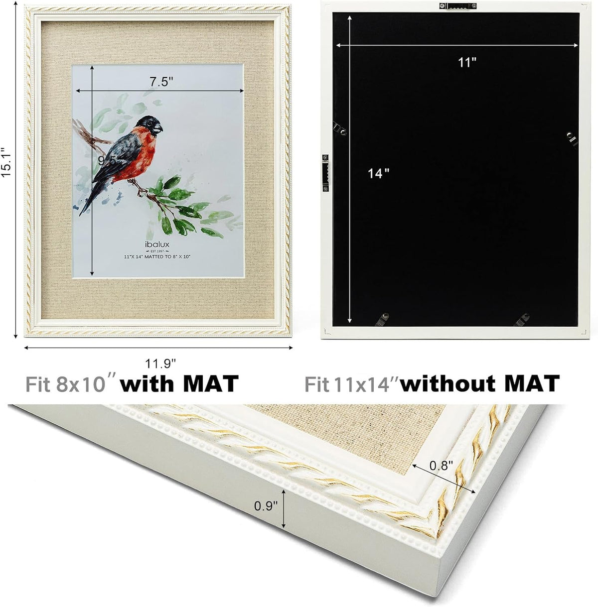 11x14 Picture Frame Pine Wood with Real Glass, Gold-Toned Synthetic Rope Edging, Linen Matted to 8x10, Vertical and Horizontal for Wall Hanging, White