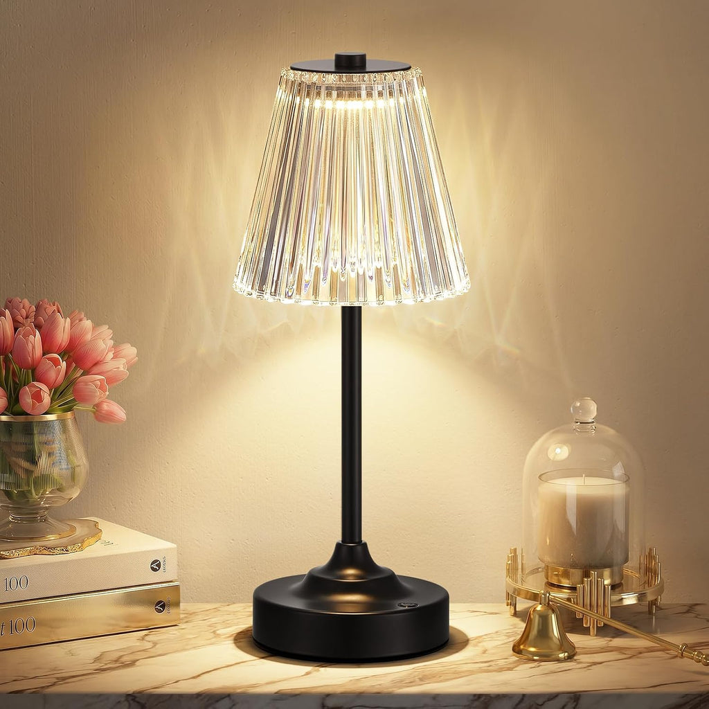 Black Cordless Rechargeable Table Lamp, Touch Battery Powered Lamp, 3 Color Modes, Crystal Acrylic Lampshade, Portable Ambient Night Light for Desk, Bedroom, Living Room, Dining Room, Kitchen, Bar