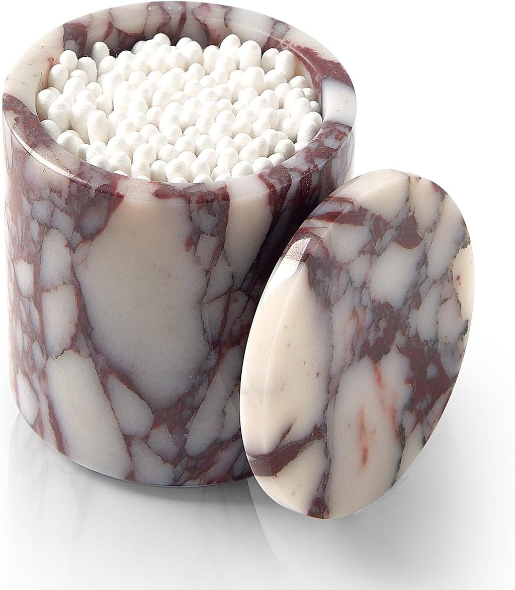 Luxury Natural Calacatta Viola Marble Qtip Holder with Lid – 3.9 Inch Round, Large Capacity Apothecary Jar for Cotton Swabs, Balls, Pads, Floss Picks, Bathroom Vanity Decor & Organizer