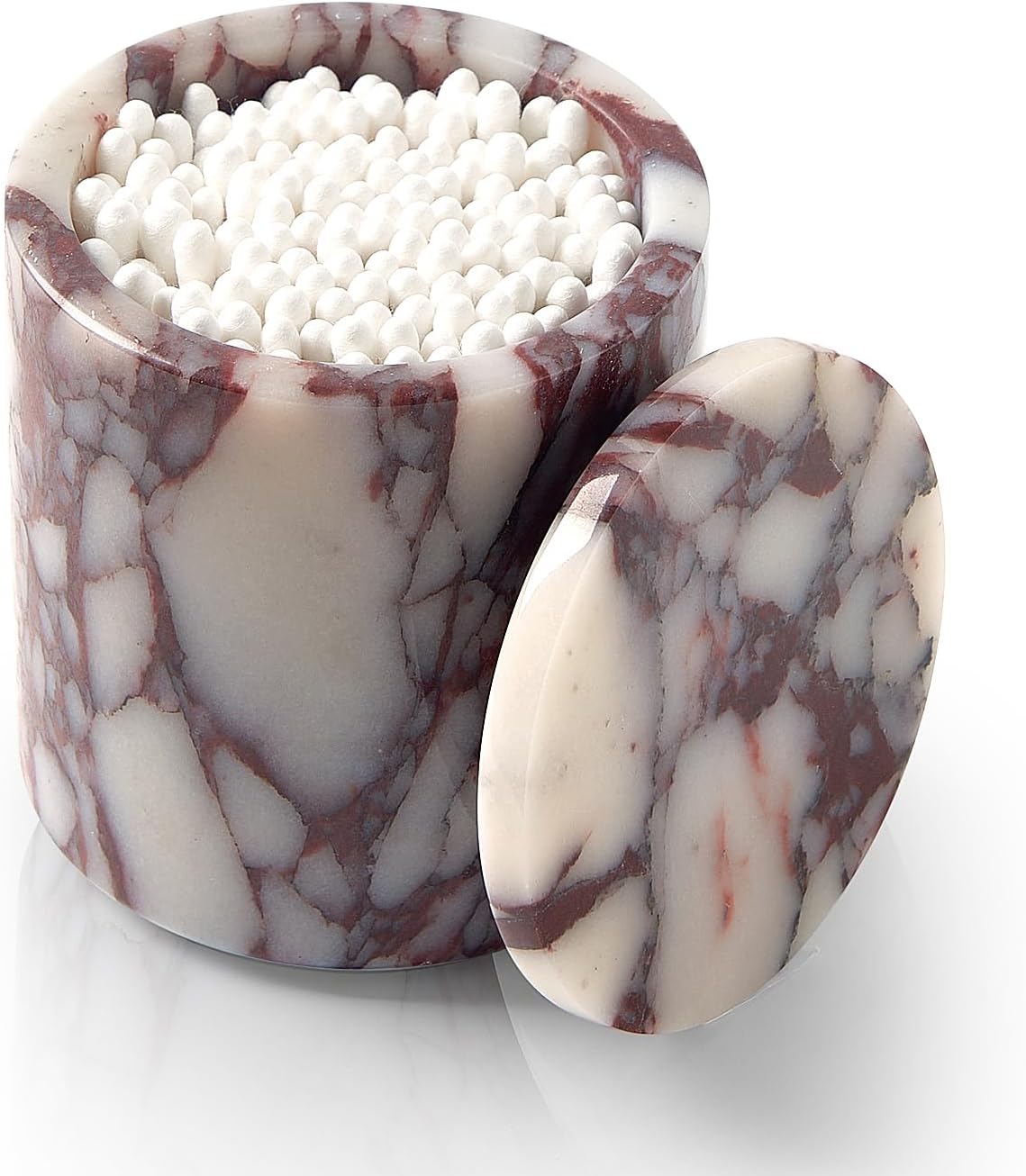 Luxury Natural Calacatta Viola Marble Qtip Holder with Lid – 3.9 Inch Round, Large Capacity Apothecary Jar for Cotton Swabs, Balls, Pads, Floss Picks, Bathroom Vanity Decor & Organizer