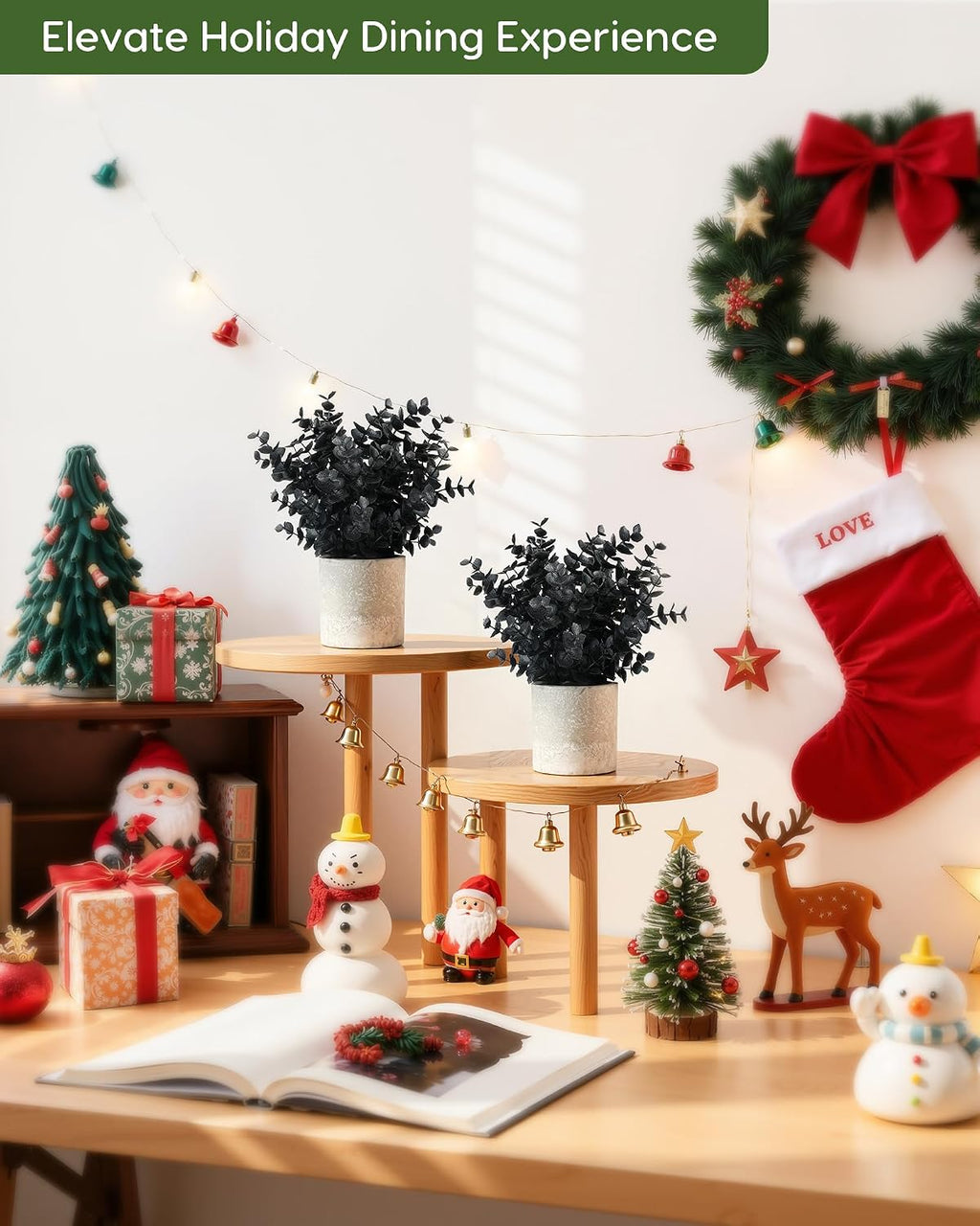 Velener 2 PCS Small Fake Eucalyptus Plant Halloween Artificial Potted Plants Indoor for Christmas Decor Indoor Realistic Faux Plant for Office, Bathroom, Living Room, Desk, Shelf, Home Decor (Black)