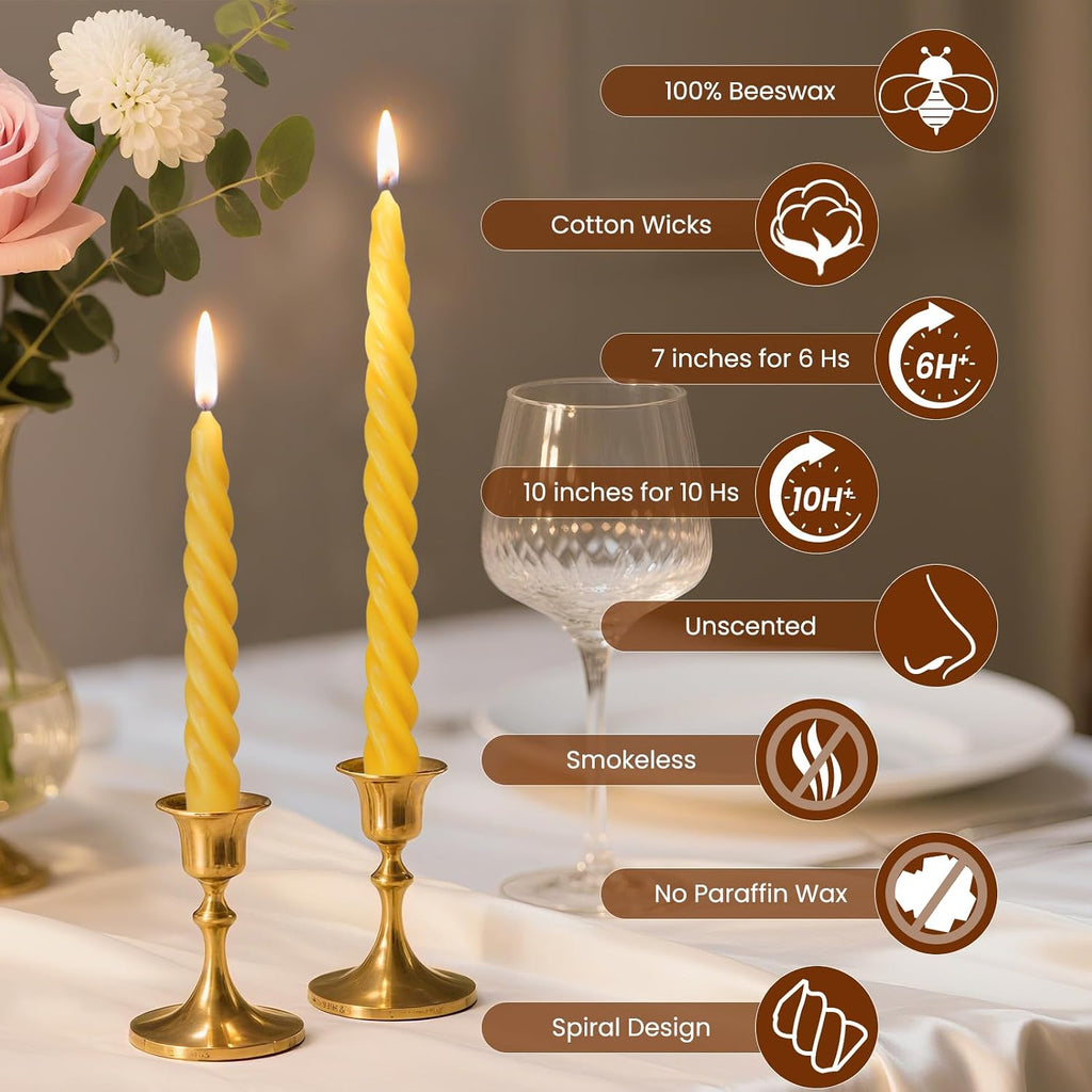 16PCS 10-Inch Pure Beeswax Spiral Taper Candles, Natural Raw, Dripless
