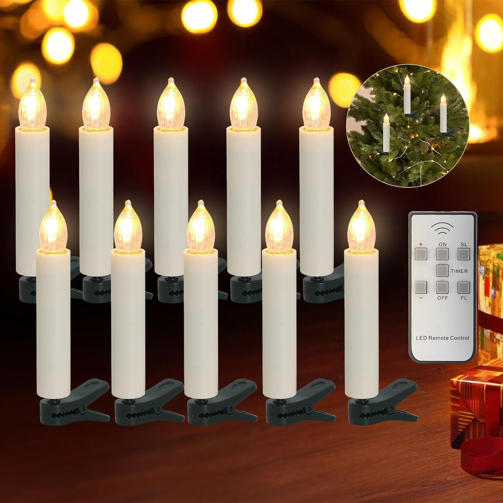 10 PCS Flameless LED Taper Candles, Battery Operated Christmas Tree Candle Lights, Clip on Electric Fake Candles with Remote Timer for Christmas Holiday Home Wedding Parties Birthday Decor