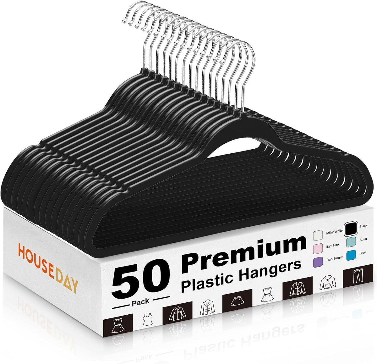HOUSE DAY Black Plastic Hangers 50 Pack - Ultra-Thin Heavy Duty Non-Velvet