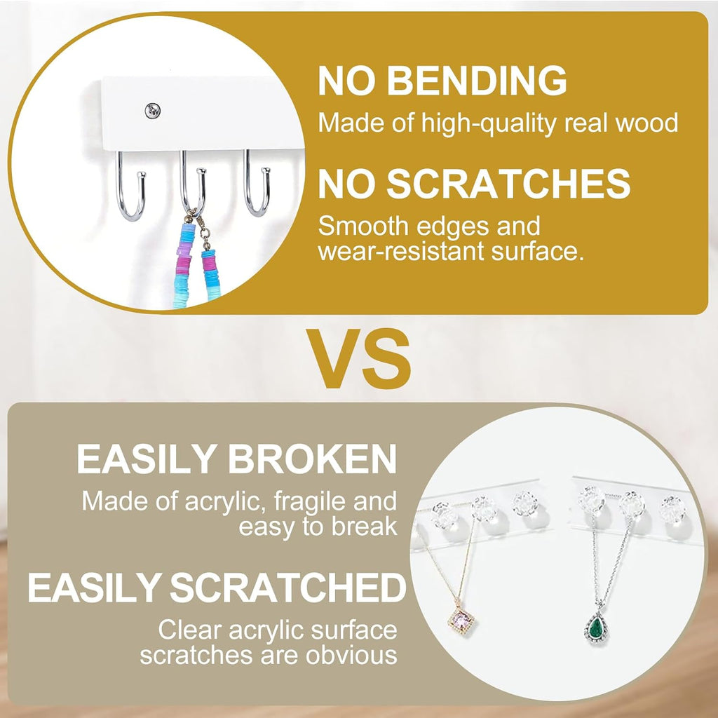 2 Pack Wall Necklace Organizer, Wooden Jewelry Holder, White, 24 Hooks