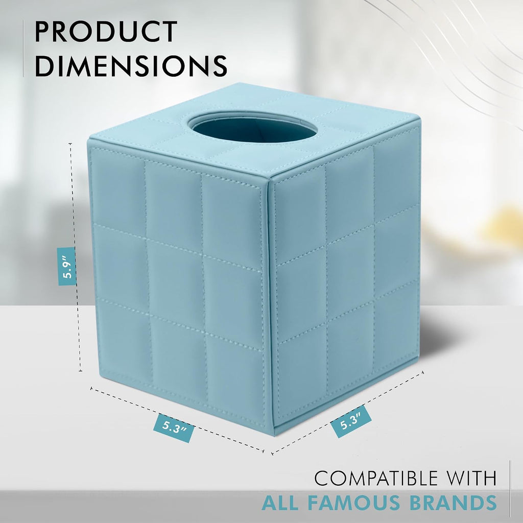 Luxury 5 Star Hotel Style Tissue Box Cover - Sturdy and Stylish Tissue Box Holder with a Custom Height and Modern PU Leather Exterior, 13.5x13.5x15cm - Light Blue