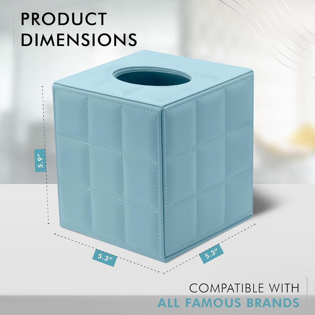 Luxury 5 Star Hotel Style Tissue Box Cover - Sturdy and Stylish Tissue Box Holder with a Custom Height and Modern PU Leather Exterior, 13.5x13.5x15cm - Light Blue