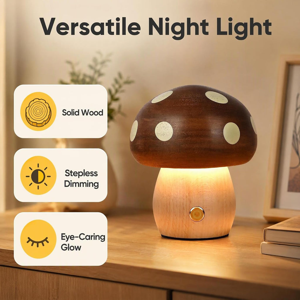 LONRISWAY 2Pack Wood Small Mushroom Table Lamp, LED Rechargeable Cordless Touch Bedside Lamps, Wireless Stepless Dimming Night Light, Portable Battery Lamp for Bedroom Nightstand for Birthday Gifts