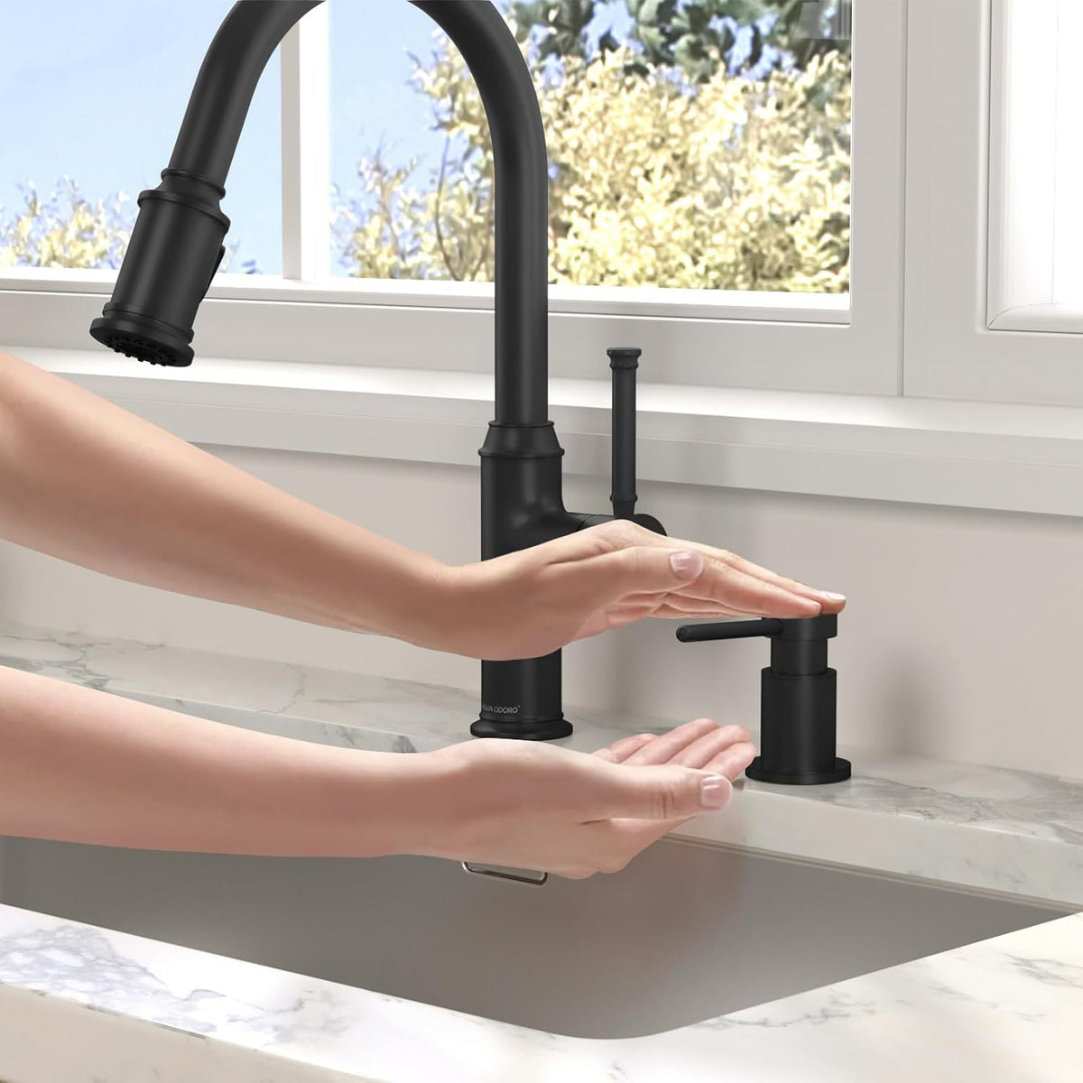 Lava Odoro Black Soap Dispenser for Kitchen Sink, Modern Brass Built in Countertop Pump Dispenser with 18 Oz Refillable Bottle, Kitchen Soap and Lotion Dispenser Spot-Free, Matte Black, KSD-21