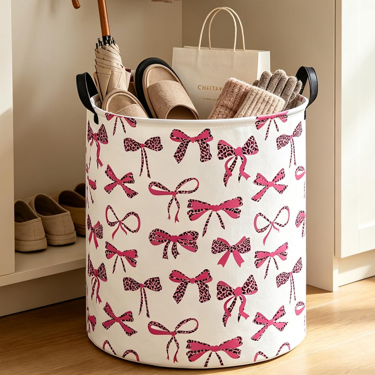 19.7" Laundry Basket,Dirty Clothes Hamper,Waterproof Storage Bin,Room Decor,Gift Baskets(New Leopard Print Bow)