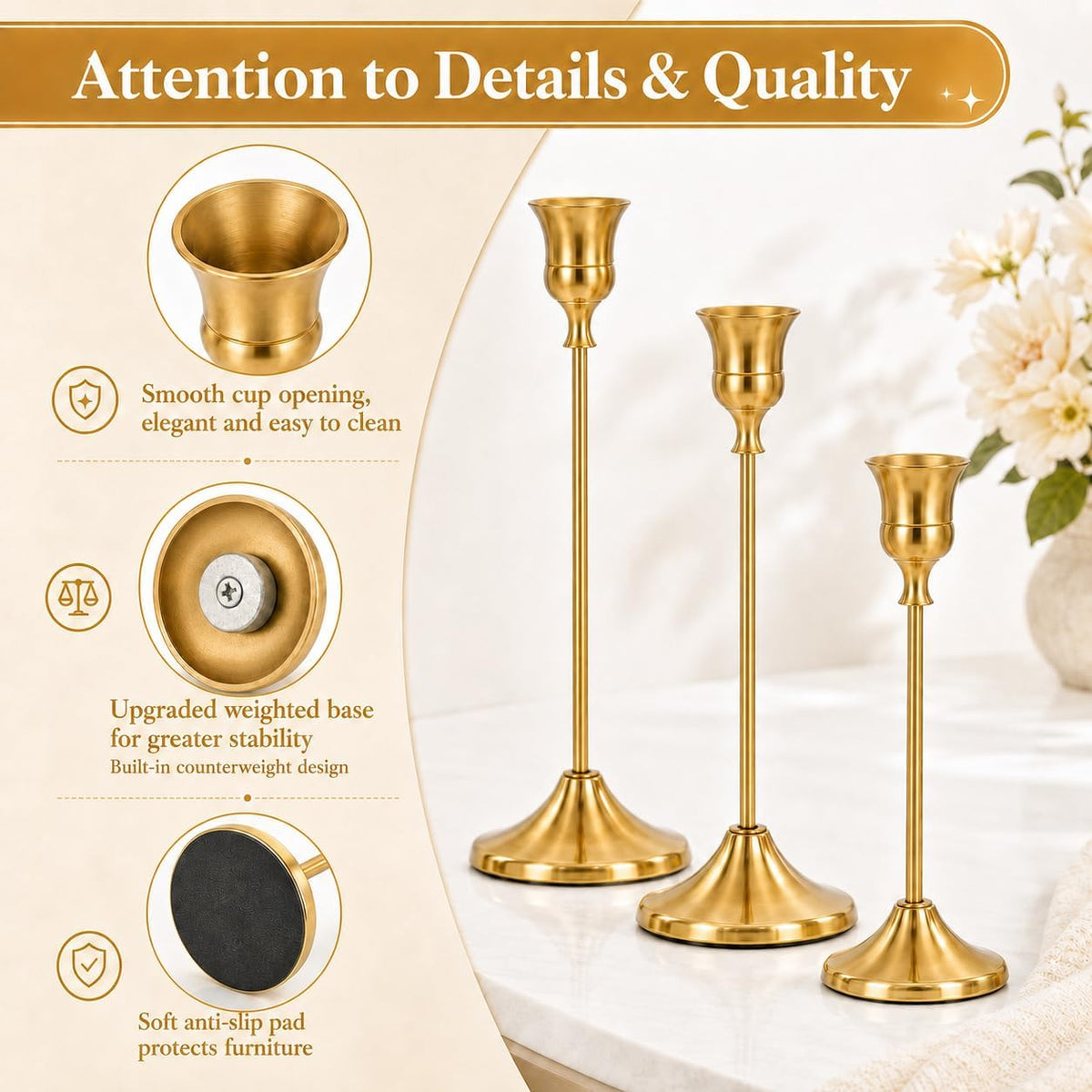 12Pcs Brass Gold Metal Taper Candle Holders, Candlestick Holders, Vintage Modern Decorative Centerpiece Candlestick Holders for Table Mantel Wedding Housewarming Gift