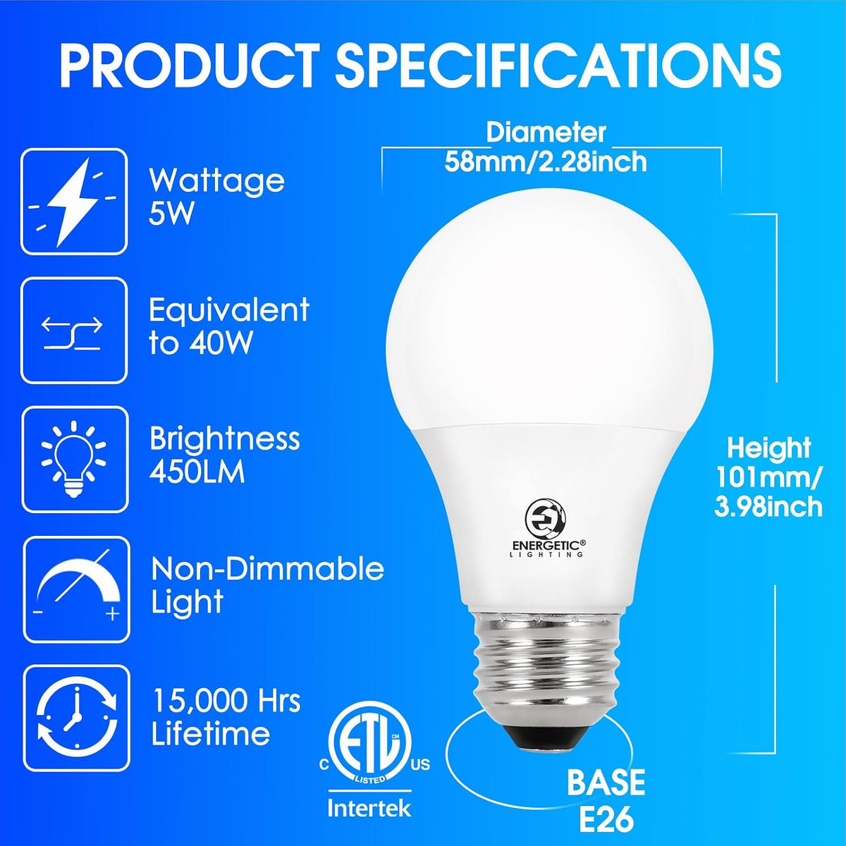 E ENERGETIC LIGHTING 40W Equivalent, A19 LED Light Bulb, 5000K Daylight, E26 Standard Base, Non-Dimmable, 5W 450lm, ETL Listed, 8 Packs