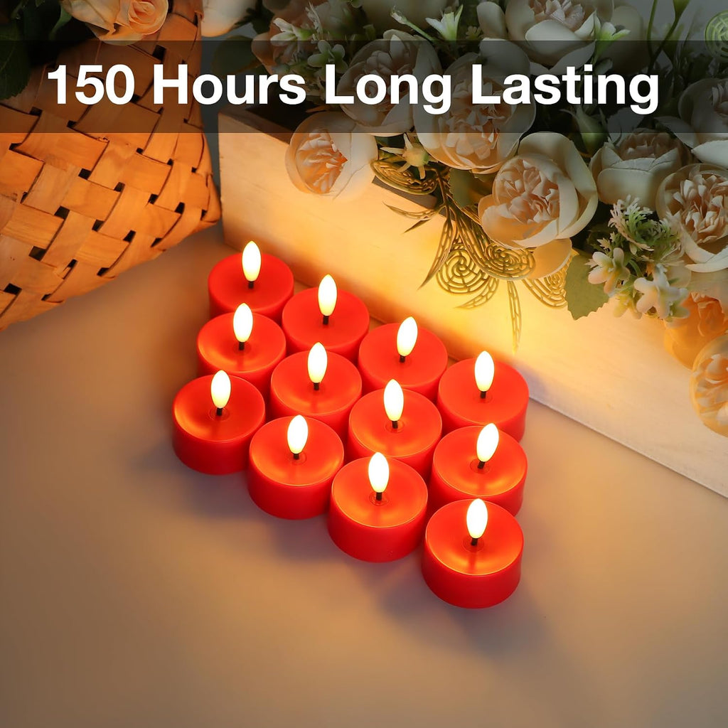12 Pack Red Flameless Tealight Candles Battery Operated Tea Lights, Realistic Flickering Fake LED Tealights Candles, 3D Wick LED Tea Lights for Christmas, Festival, Party, Home Decor