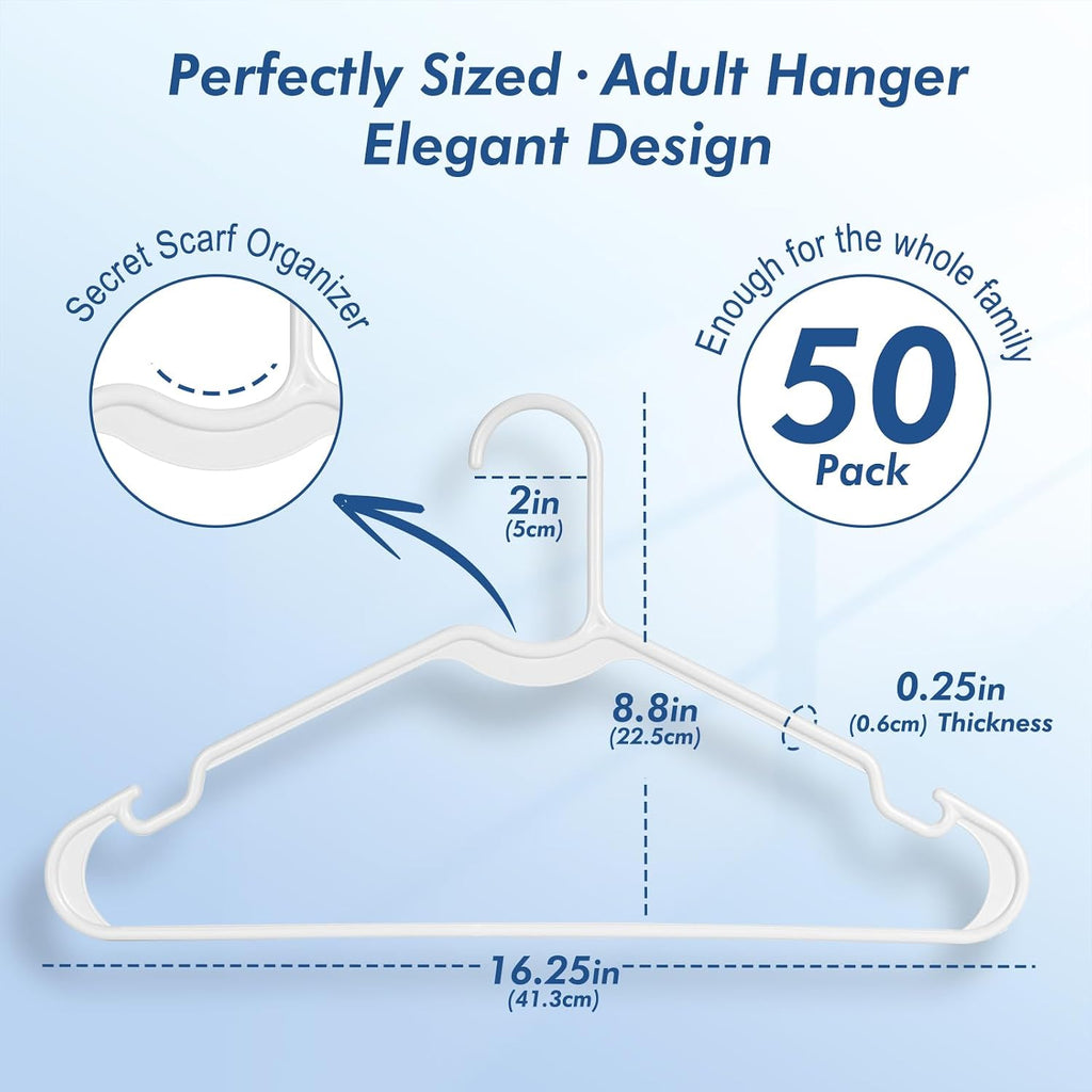 HOUSE DAY White Plastic Hangers 50 Pack, Slim Non-Slip with Extended Notch