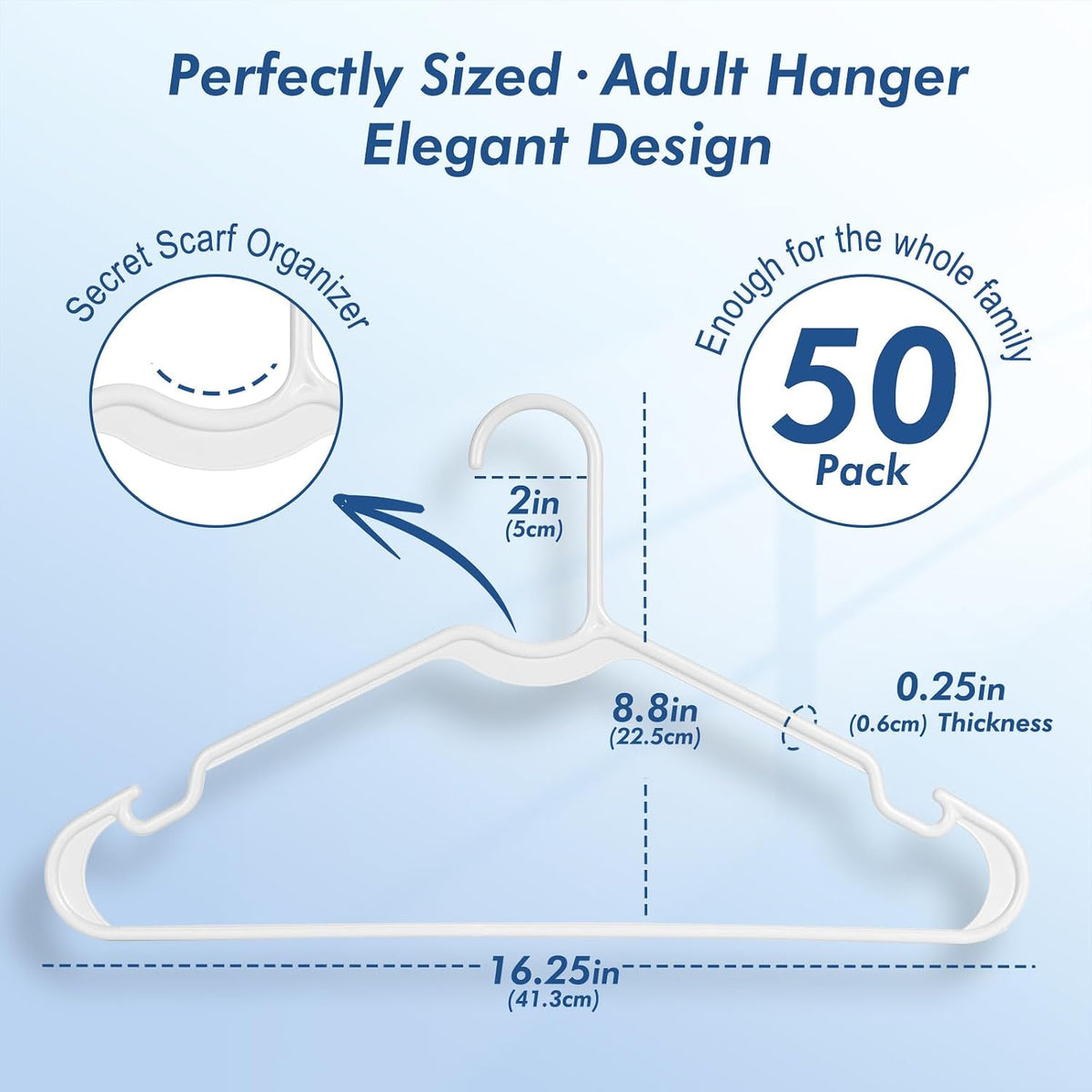 HOUSE DAY White Plastic Hangers 50 Pack, Slim Non-Slip with Extended Notch