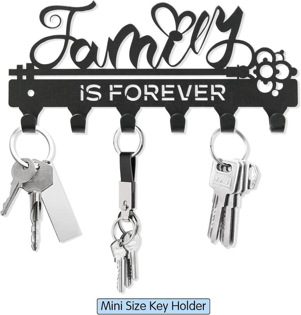 "Family Is Forever“Mini Key Holder Wall Mounted, Black Metal, 18.5x8.5cm