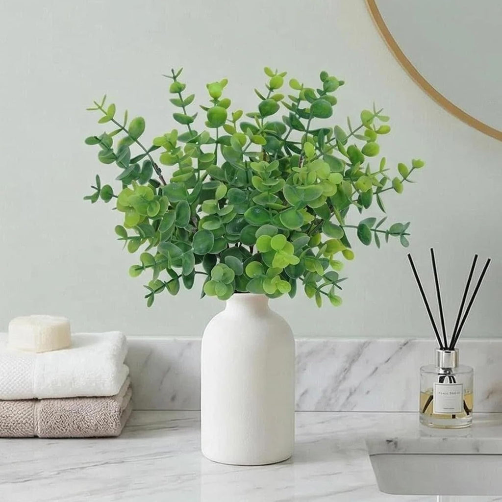 7Pcs 12" Artificial Sage Eucalyptus in Frosted Ceramic Vase for Desk Decor