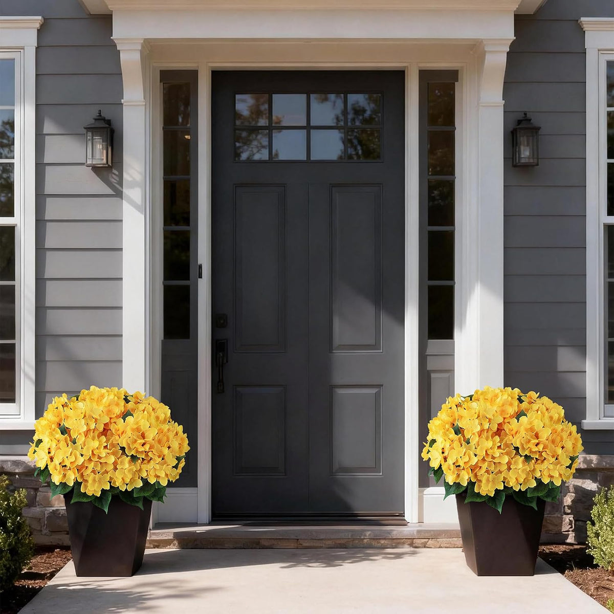 2 Sets Artificial Hydrangea Flower Topiary Ball Trees for Porch (Yellow)