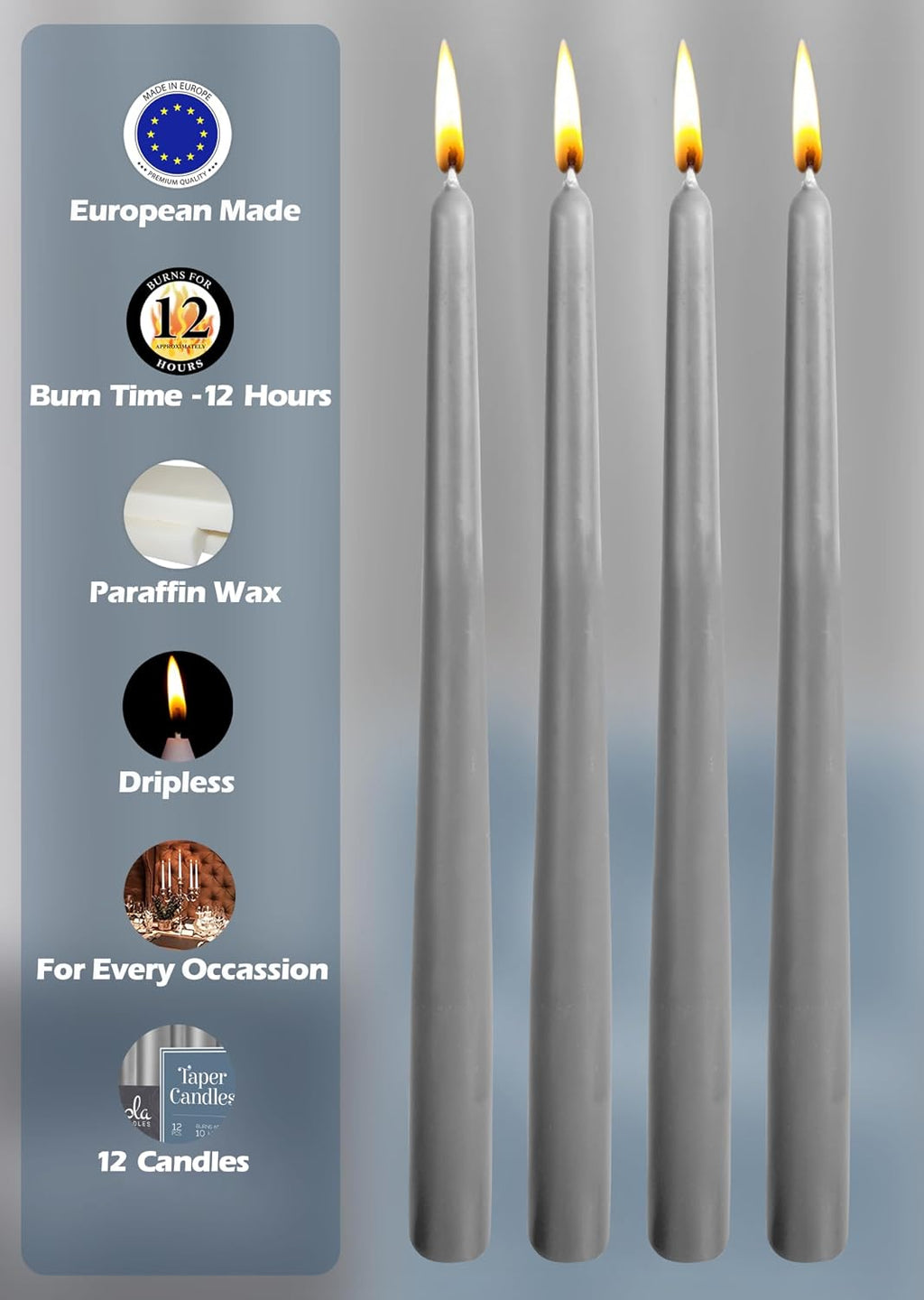 Hyoola Tall Taper Candles - 14 Inch Dark Grey Dripless, Unscented Dinner Candle - Paraffin Wax with Cotton Wicks - 12 Hour Burn Time (Pack of 12)