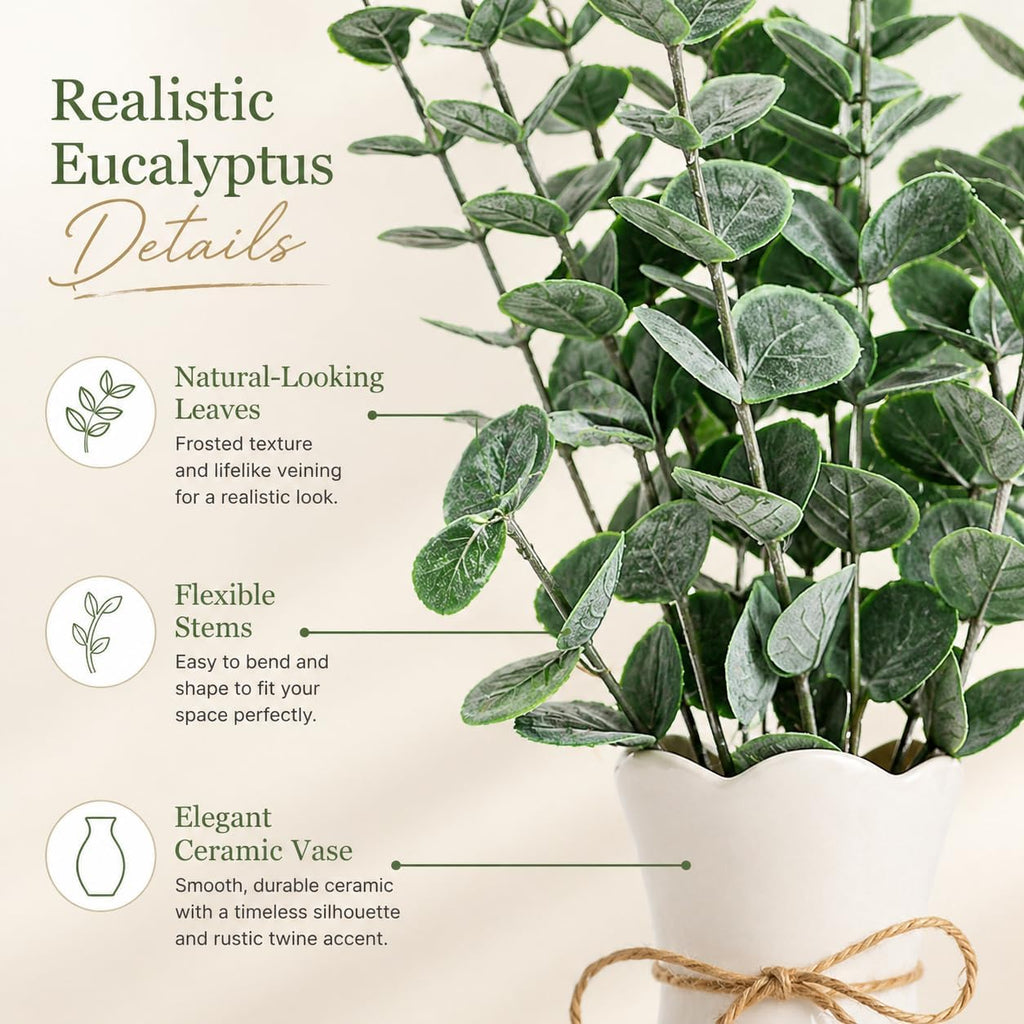 Artificial Eucalyptus Stems in White Vase, 20pcs Faux Greenery Arrangement with 7.87" Ceramic Vase, 15.7" Decorative Fake Plant for Boho Farmhouse Home Decor