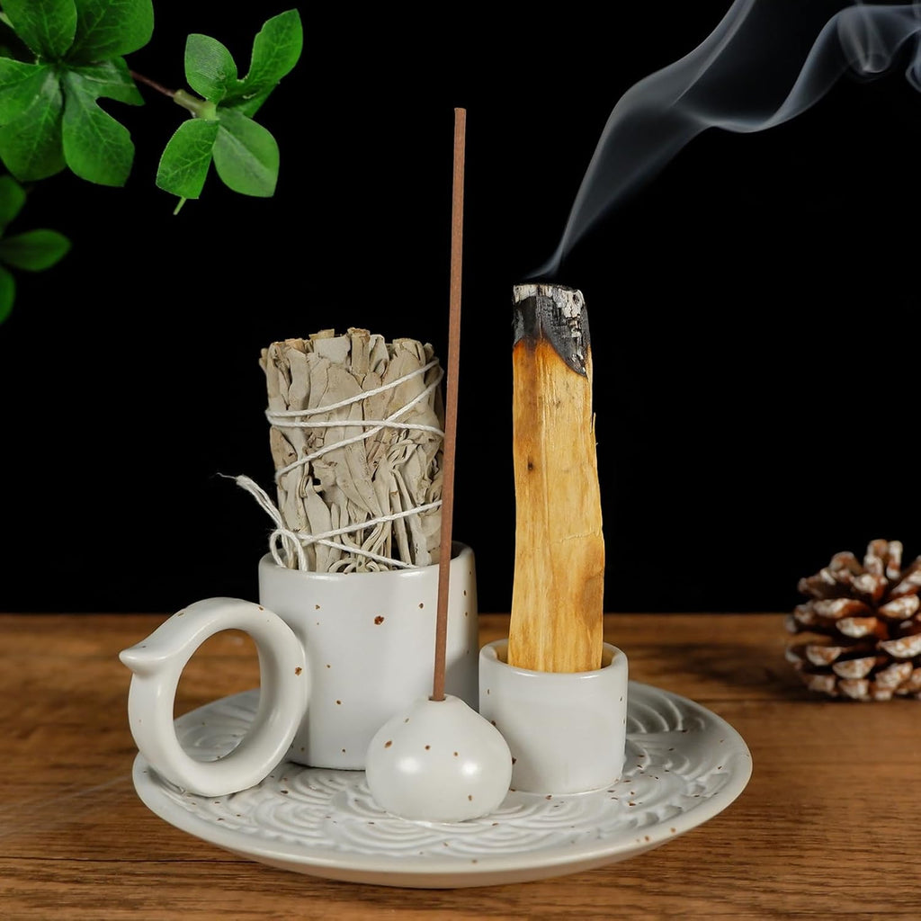 5 in 1 Ceramic Palo Santo Burner Holder for Sage, Incense Sticks & Candle