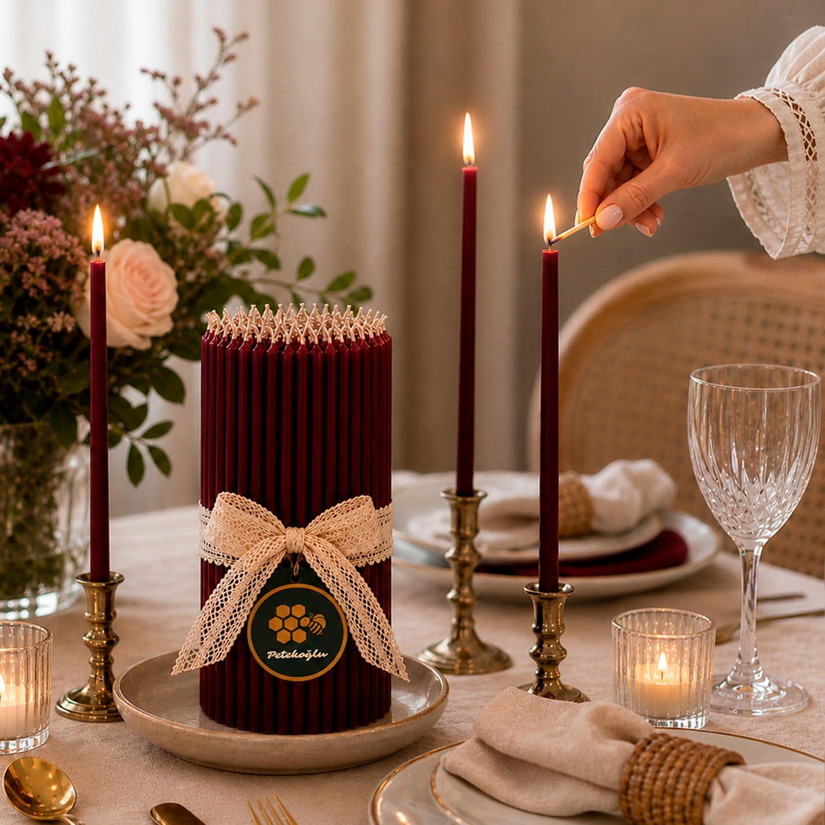 Petekoğlu 100% Natural Beeswax Candles 40 Pack Burgundy Thin Taper Candles 20 cm for Birthday Church Prayer Christmas Decor