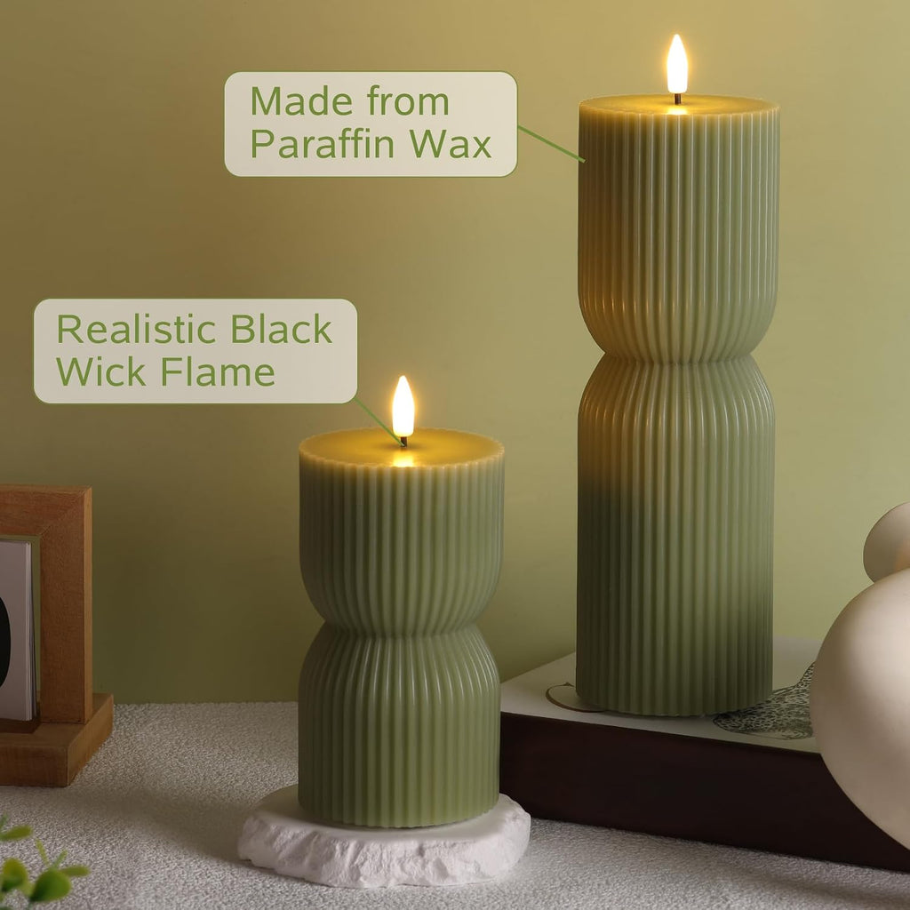 Olive Green Ribbed Flameless Pillar Candles with Remote Set of 2