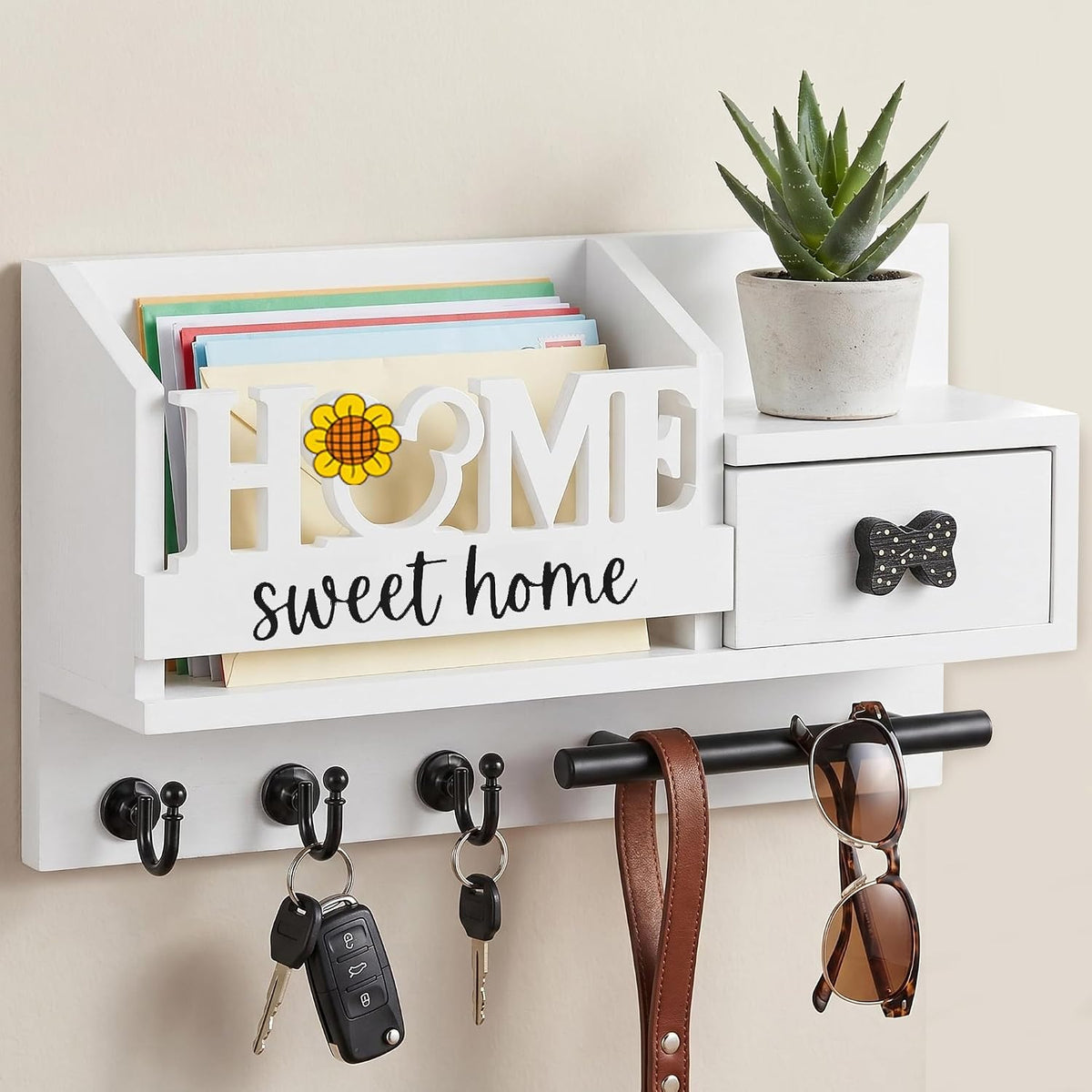 AIRPOP Key Holder Wall Mount-Home Sign Mail and Key Organizer for wall with 3 Hooks and Storage Drawer, Easy Installation Key Rack Hanger for Entryway Living Room House Decor (White)