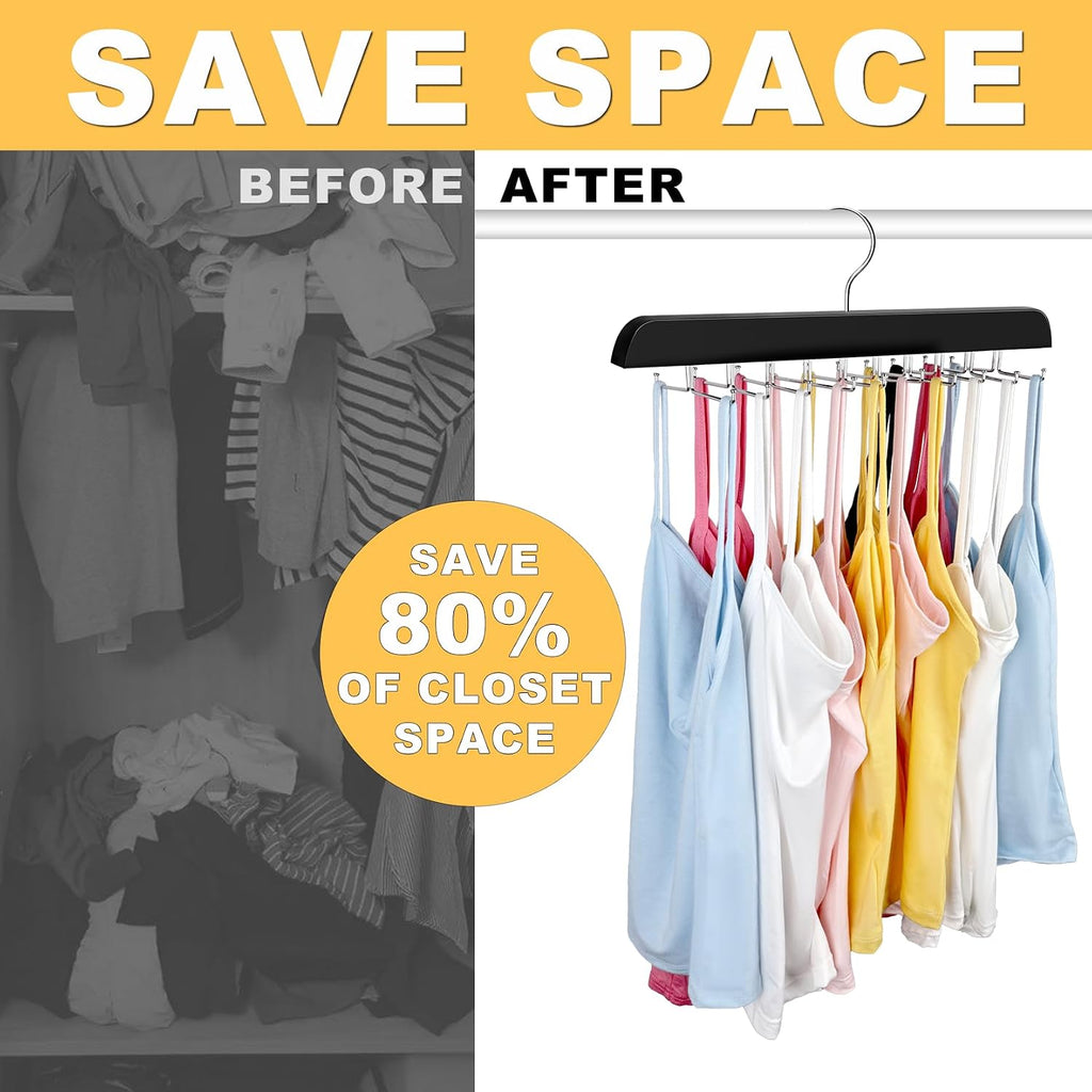 Resovo Tank Top Hanger with Premium Wood, 24 Large Capacity, Space Saving,360 Degree Rotating, Foldable Metal Hooks, Tank Tops