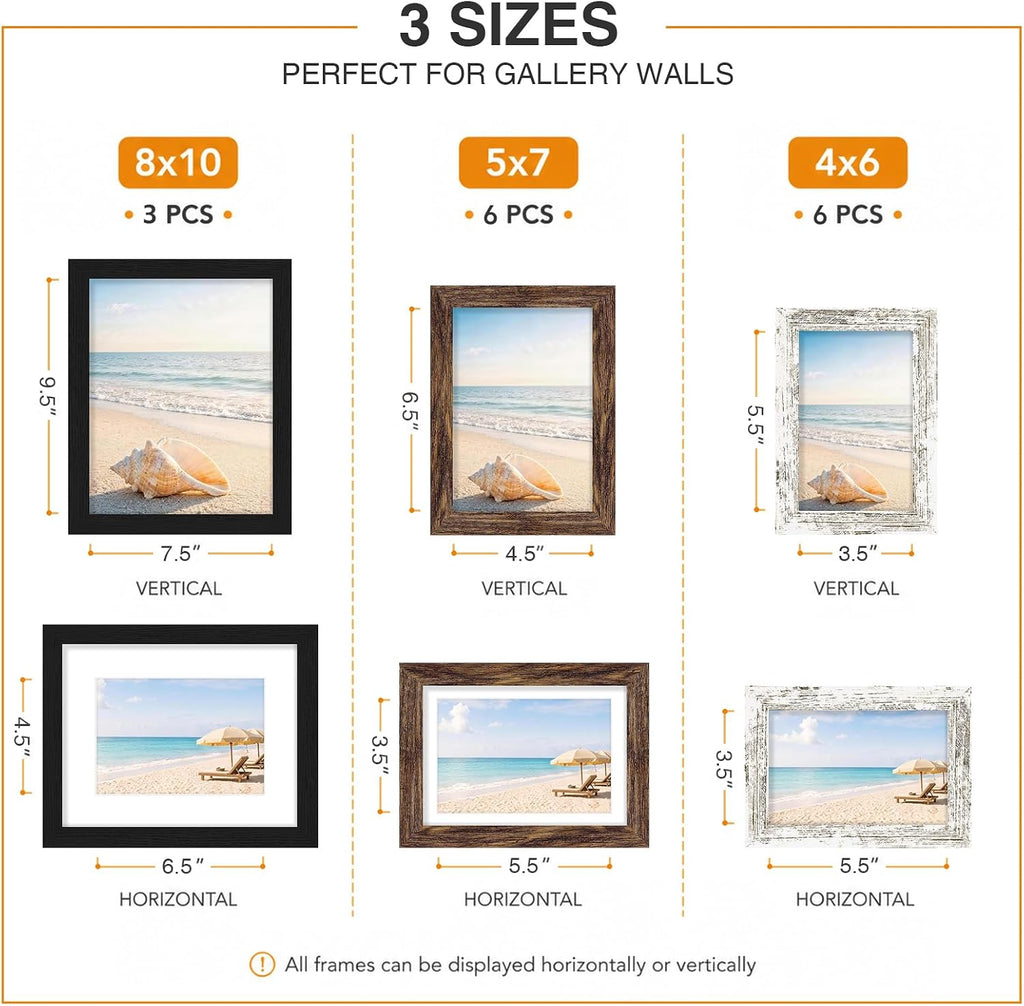 Pallene 15 Pack Gallery Wall Frame Set, Black, Brown, Distressed White